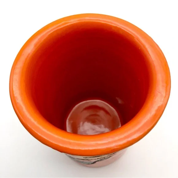 Italian Pottery Wine Crock Vase Atomic Orange Textured Lava Lily Flower Italy